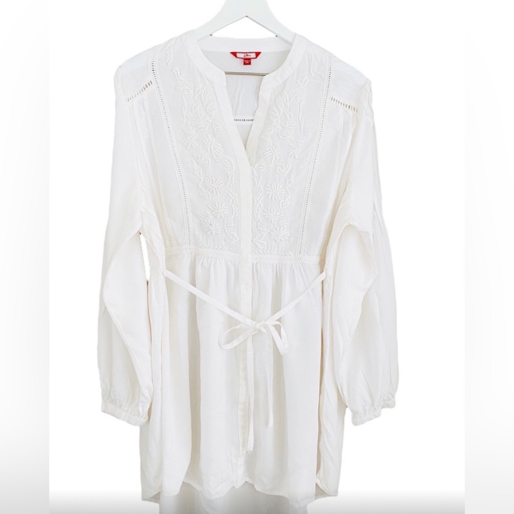 Joe Browns 100% Viscose Crisp White Embroidered Back Tie Waist Tunic Blouse 14